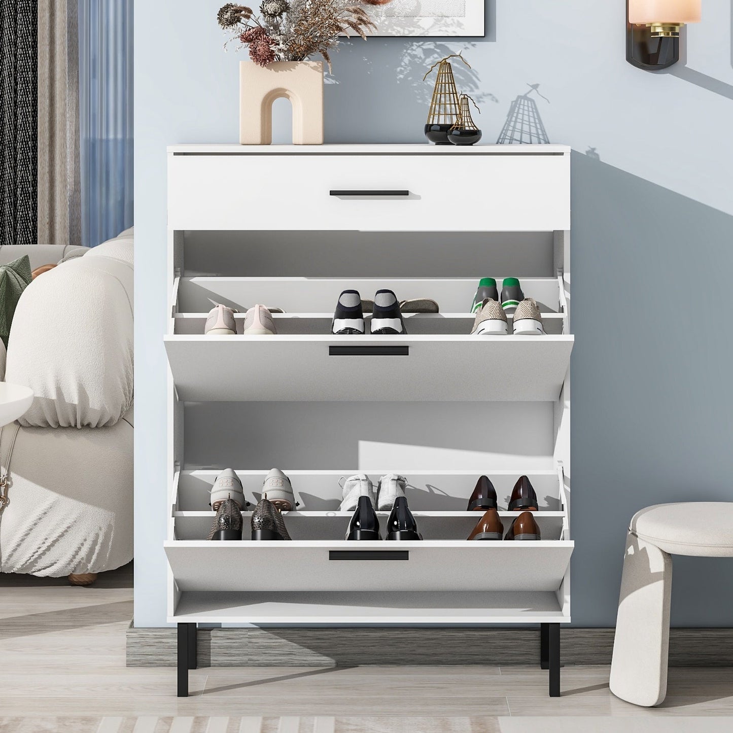 Modern Shoe Cabinet With Drawers & Metal Legs Inkedjoy