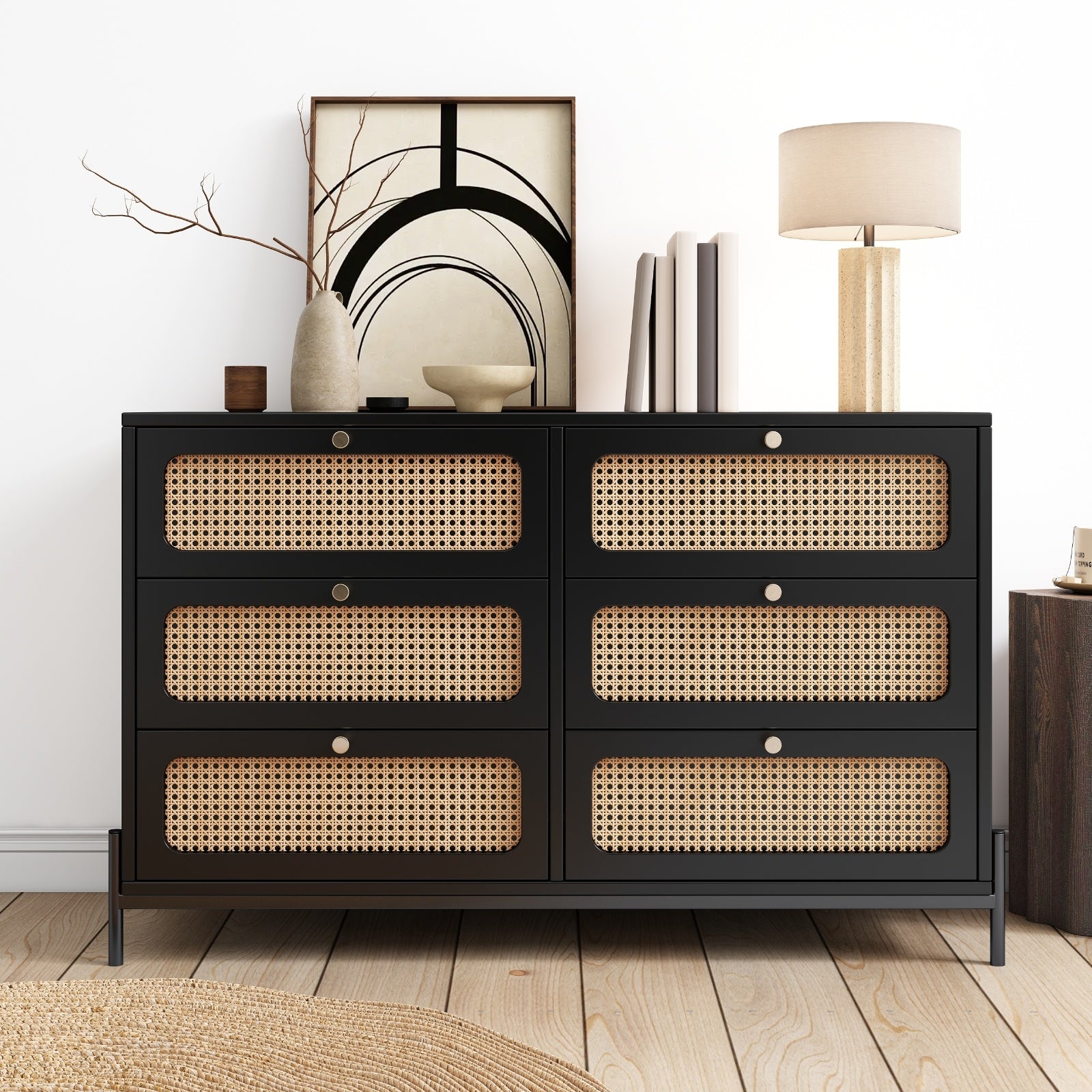 Modern Cannage Rattan Wood 6-Drawer Dresser Ohberri