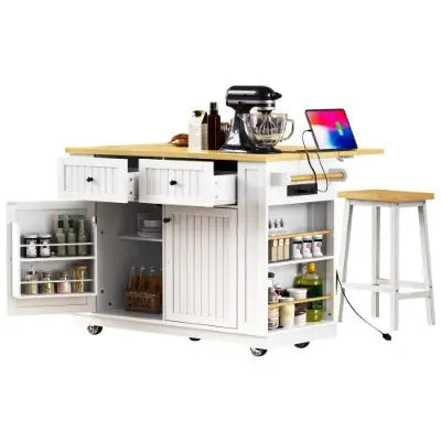 Large Kitchen Island With 2 Bar Stools, Power Outlet, Door Internal Storage Rack My Store