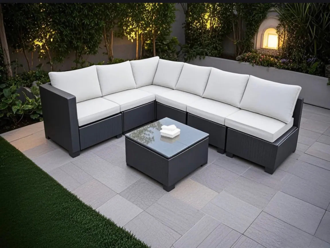 Seven-Piece Sofa Set Table With Sofa Chair Black PE Rattan With Color Cushion My Store