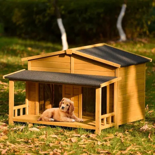 Large Wooden Dog House Outdoor Hut Style With Porch, 2 Doors My Store