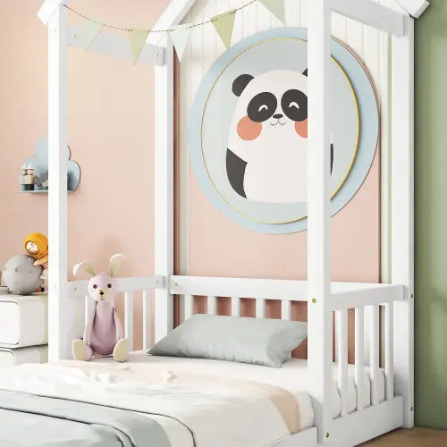 Twin House-shaped Roof Headboard Floor Bed,,without Slats,White My Store