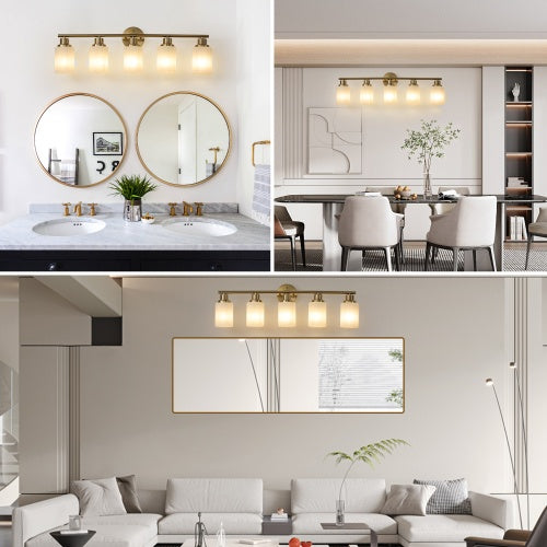 5 Lamps Gold Bathroom Vanity Lamp, Frosted Glass Shade, Modern Wall Mounted Lighting Inkedjoy