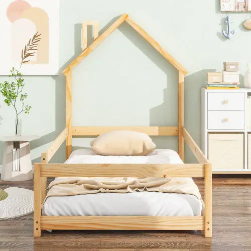 Twin Size Wood Bed With House-shaped Headboard Floor Bed With Fences,Natural My Store