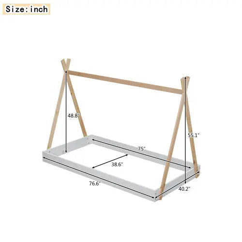 Twin Size Tent Floor Bed With Triangle Structure, White Natural My Store