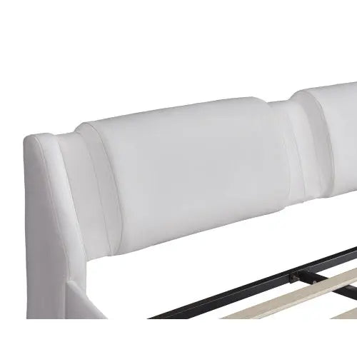 Queen Size Upholstered Faux Leather Platform Bed With LED Light Bed Frame With Slatted - White My Store