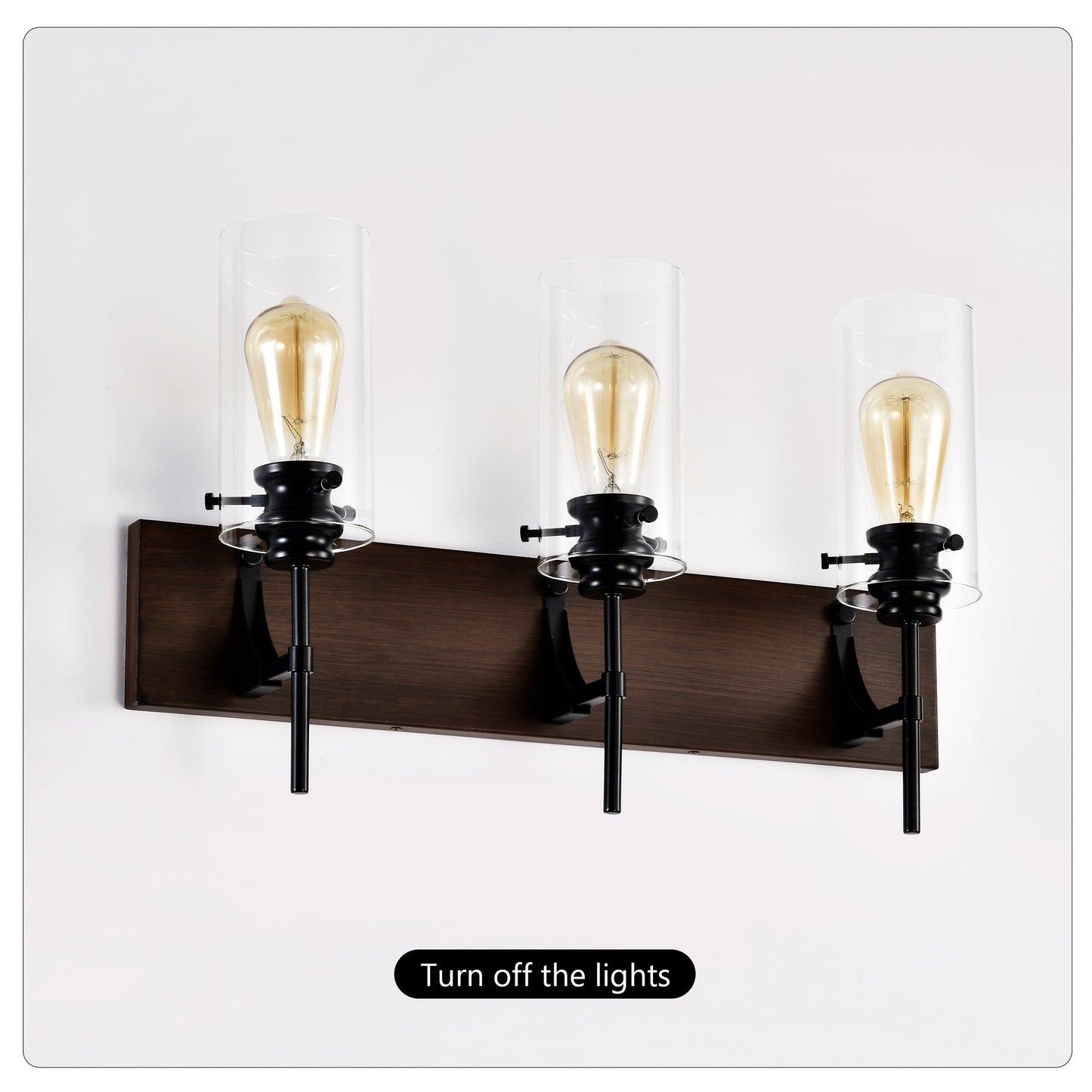 3-Light Matte Black Wood Color Bathroom Light Fixture Inkedjoy