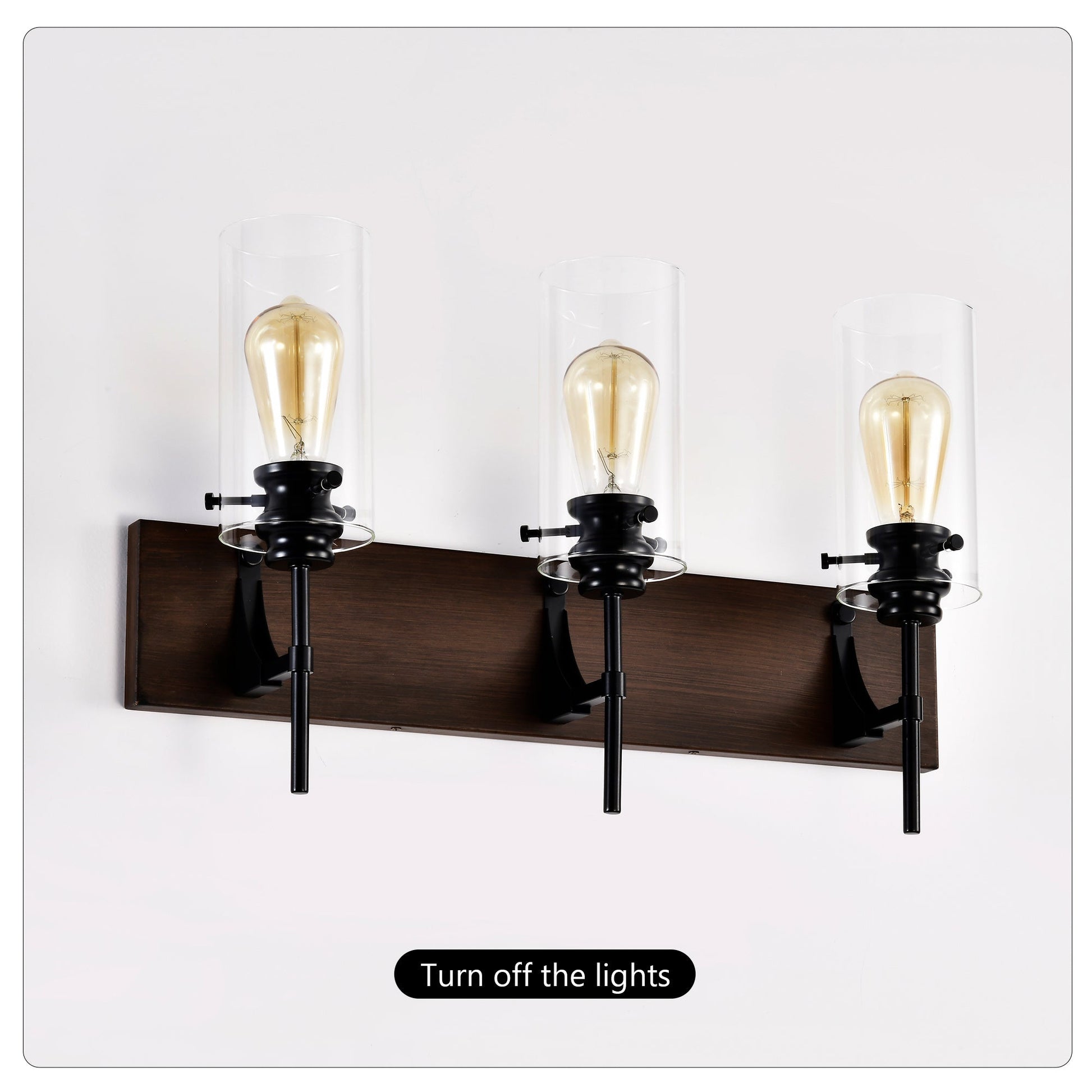 3-Light Matte Black Wood Color Bathroom Light Fixture Inkedjoy