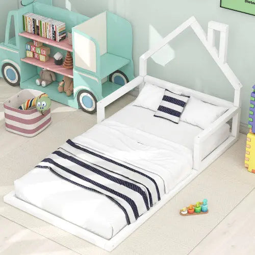 Twin Size Wood Floor Bed With House-shaped Headboard My Store