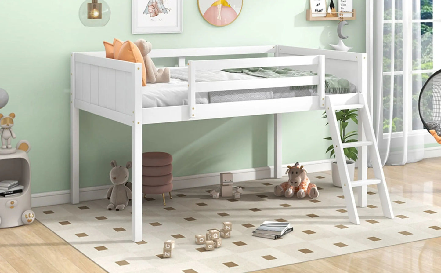 Twin Size Wood Low Loft Bed With Ladder, Ladder Can Be Placed On The Left Or Right, White My Store