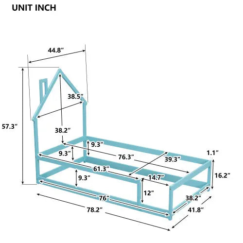 Twin Size Wood Bed With House-shaped Headboard Floor Bed With Fences,Light Blue My Store