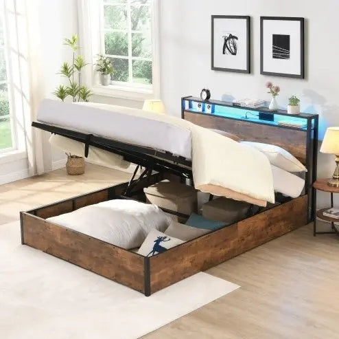 Wooden Platform Bed Frame With Lifting And Charging Station My Store