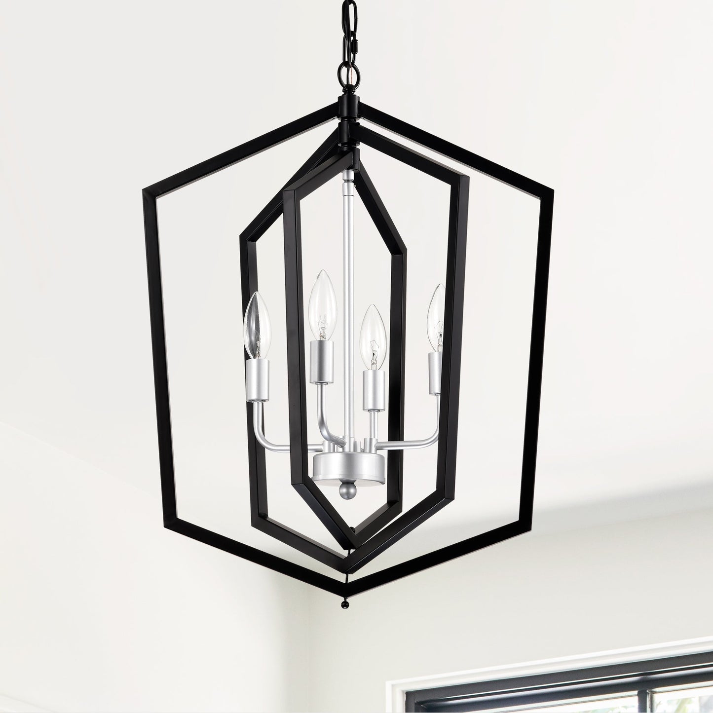 4-Light Farmhouse Kitchen Chandeliers, Matte Black And Sliver Vintage Rustic Cage Light Fixture Inkedjoy