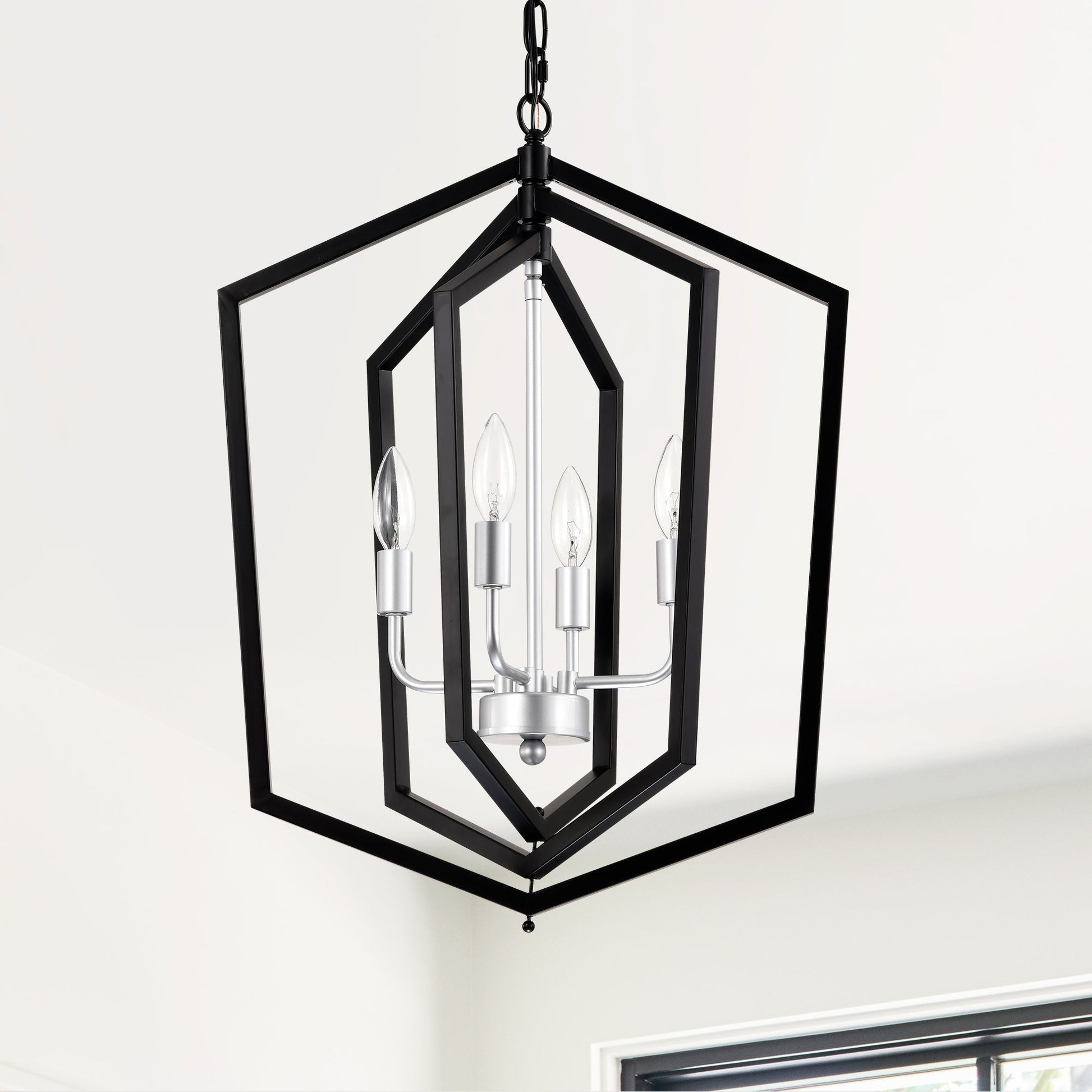 4-Light Farmhouse Kitchen Chandeliers, Matte Black And Sliver Vintage Rustic Cage Light Fixture Inkedjoy