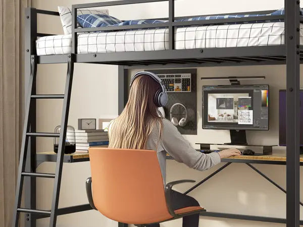 Twin Metal Loft Bed With L-Shaped Desk, Charging Station- Black My Store