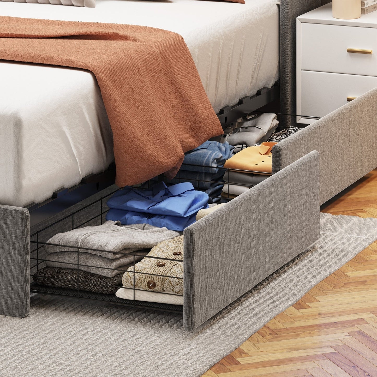 Queen Size Bed Frame With LED, Storage Drawers, Wings Headboard My Store