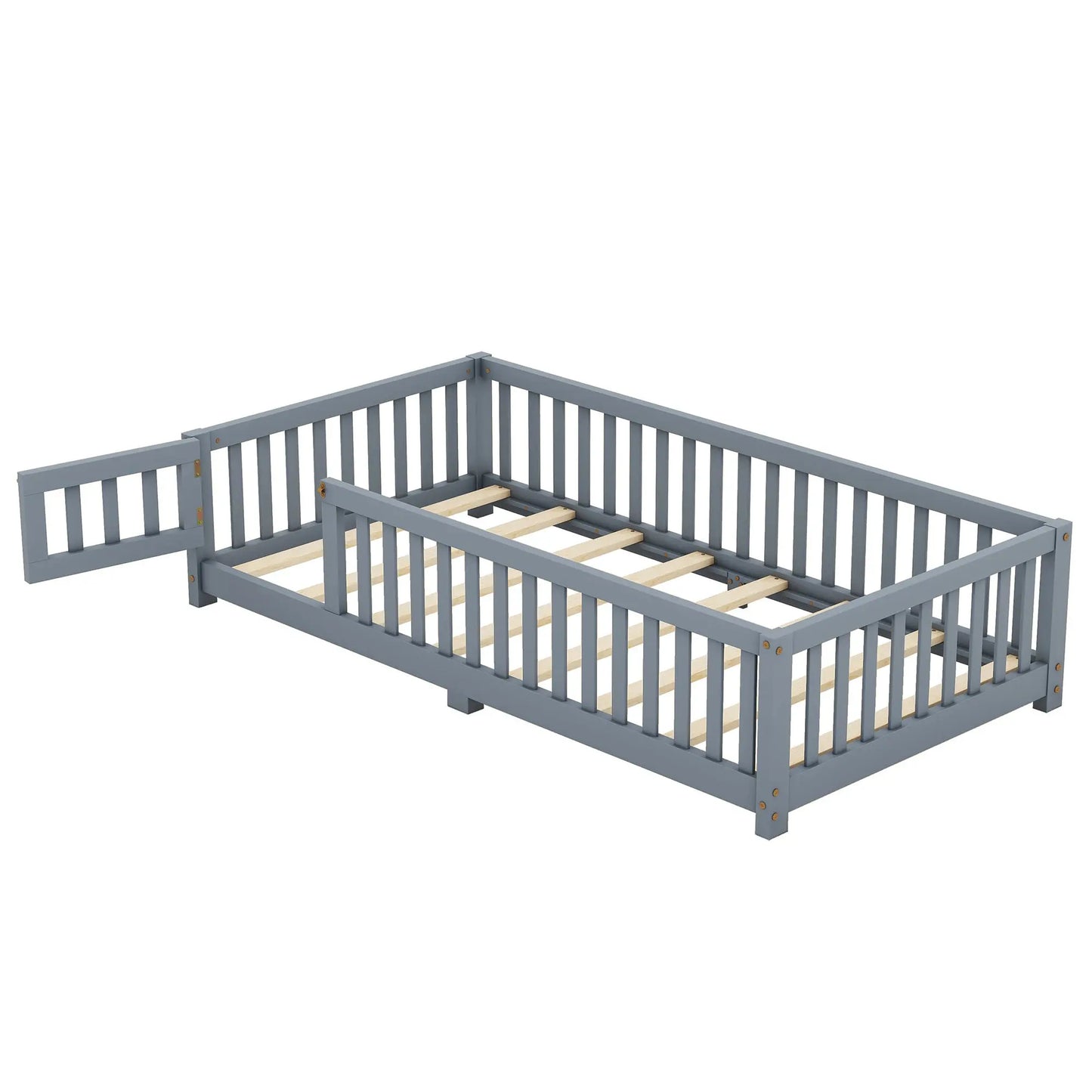 Twin Size Bed Floor Bed With Safety Guardrails And Door For Kids, Gray My Store