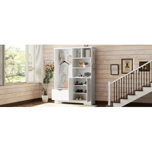 Multi-functional Hall Tree With Storage Shelves Drawers And Cabinet, Elegant Hallway Shoe Cabinet With Bench, Modern Coat Rack With Hooks For Hallway Entryways My Store