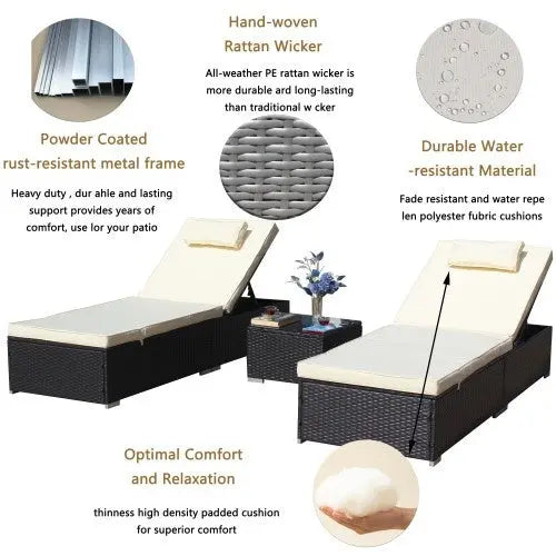 3-Piece Outdoor Patio Furniture Set Chaise Lounge, Patio Reclining Rattan Lounge Chair Chaise Couch Cushioned With Glass Coffee Table, Adjustable Back And Feet, Lounger Chair For Pool Garden, Beige My Store