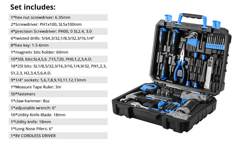 DEKO Drill Set: Tool Set with 8V Blue Cordless Drill 126 Piece Ohberri