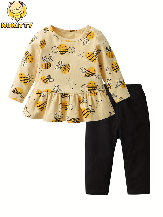 KuKitty Baby Girl Clothes Set Toddler Infant 2 Piece Outfit Long Sleeve Bee Printed Tops + Black Pants - Ohberri