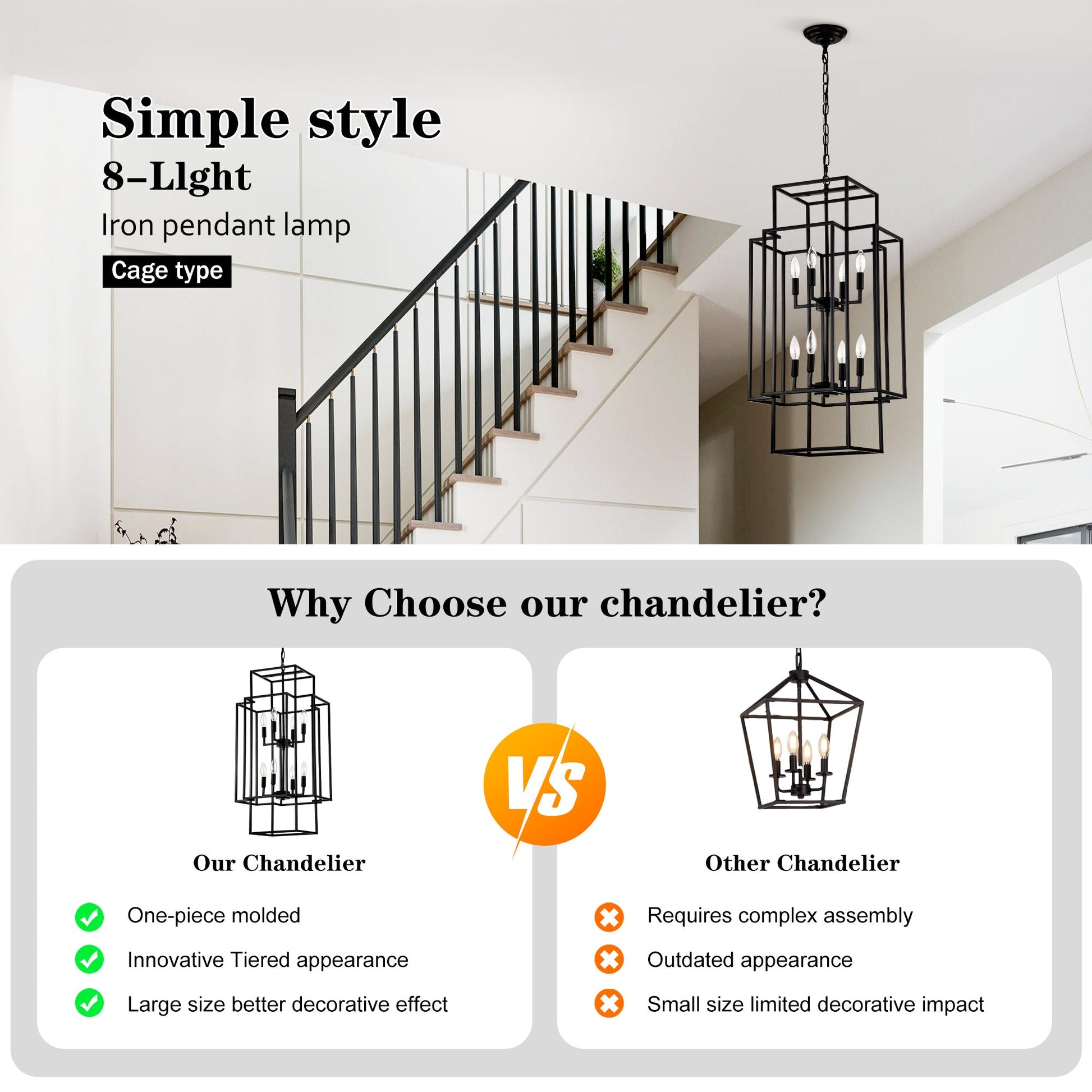 8-Light Metal Lantern Tiered Pendant Hanging Light Fixtures Inkedjoy