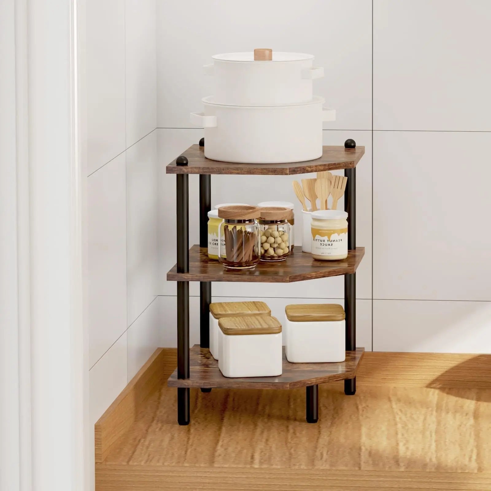 Desk Corner Shelves, Three-tier Corner Storage Shelves, Rustic Brown Shelves Suitable For Small Spaces, Suitable For Home Offices, Kitchens, Bathrooms My Store