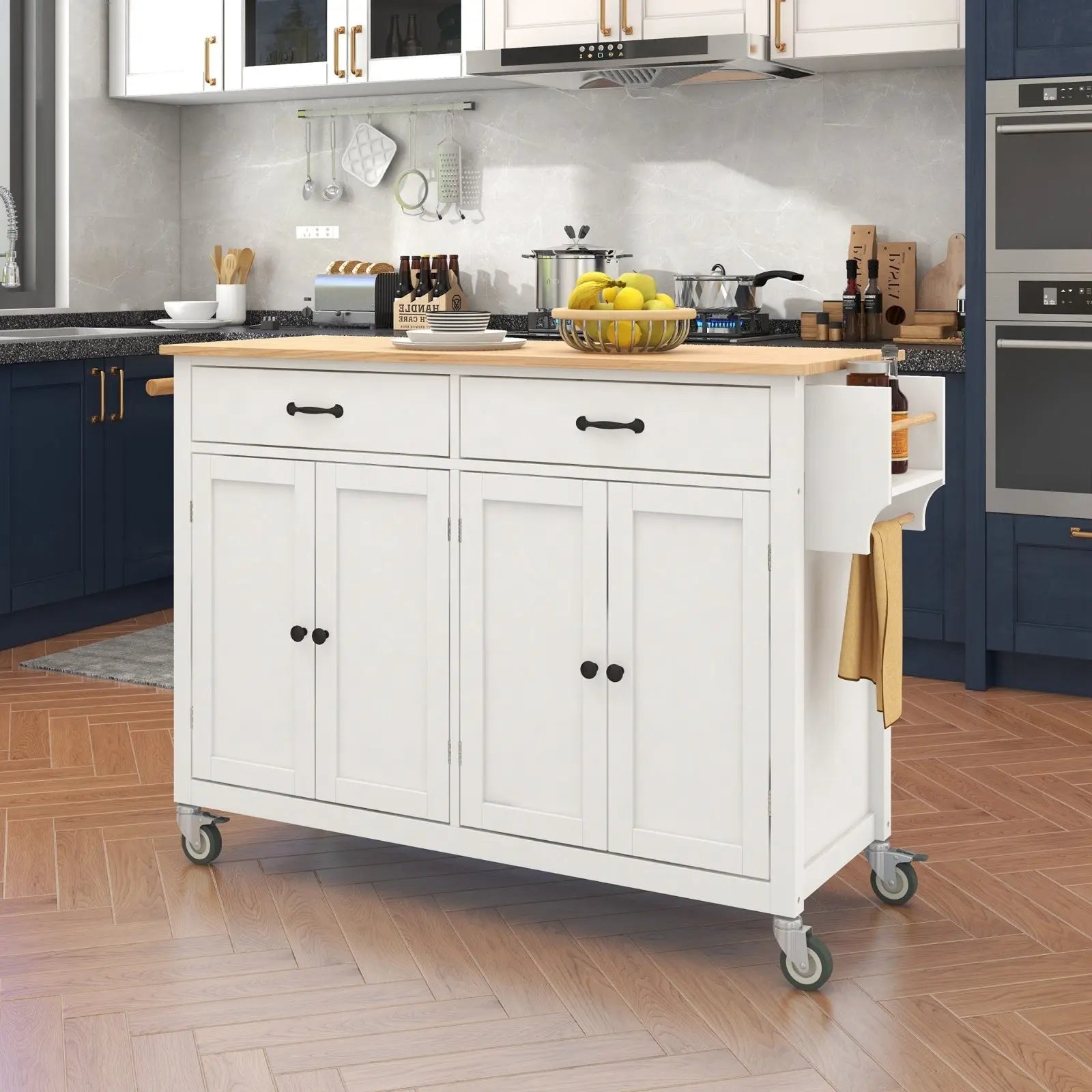 54.3Kitchen Island Cart Solid Wood Top, Locking Wheels, 4-Door Cabinet My Store