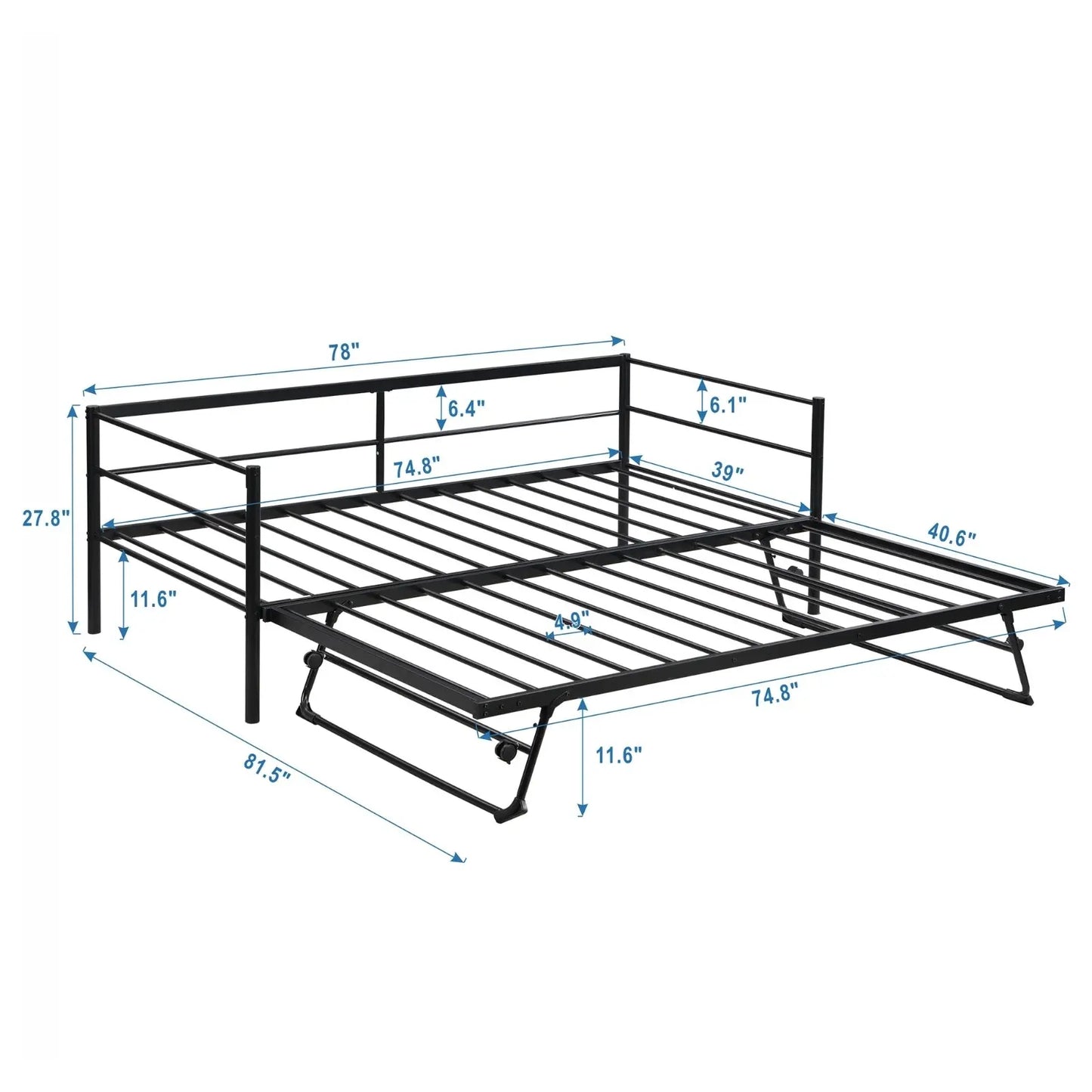 Twin Size Metal Daybed With Adjustable Trundle Up Trundle, Black My Store