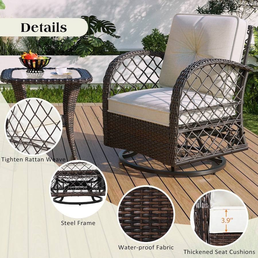 3-piece Outdoor Chair&Table Set Chat Set 2-person Rattan Seating Group Inkedjoy