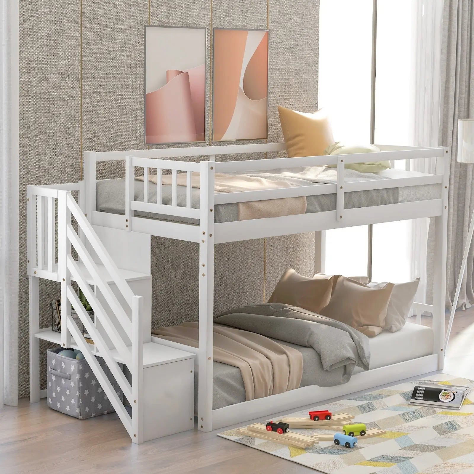 Twin Over Twin Floor Bunk Bed, Ladder With Storage, White My Store