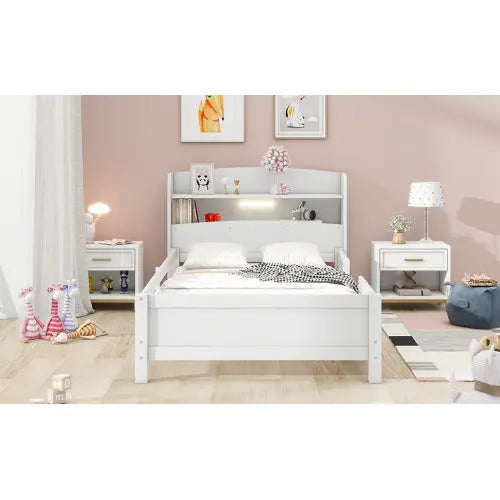 Wood Twin Size Platform Bed With Built-in LED Light, Storage Headboard And Guardrail, White My Store