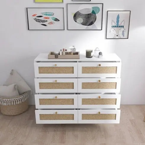 White Color 8 Drawers Chest With Rattan Drawer Face Golden Legs And Handles My Store