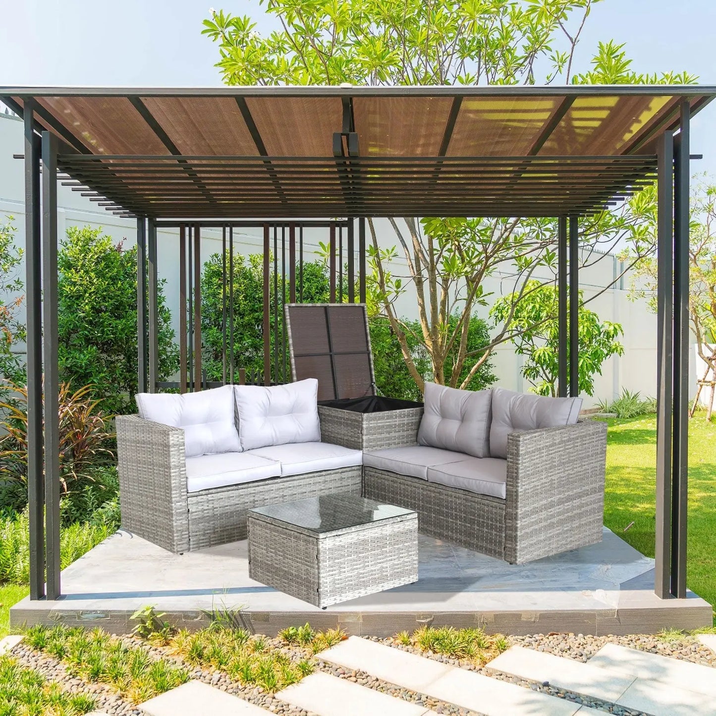 4Pc Patio Sectional Wicker Rattan Sofa Set W Storage Box Grey My Store