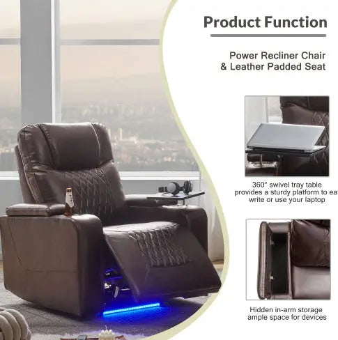 Power Motion Recliner With USB Charging Port And Hidden Arm Storage 2 Convenient Cup Holders Design And 360 Swivel Tray Table,Brown My Store