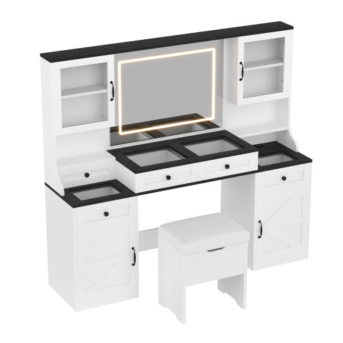 Farmhouse Vanity Desk With Mirror And LED Lights With 5 Drawers And 4 Cabinets And Cushion Stool Inkedjoy
