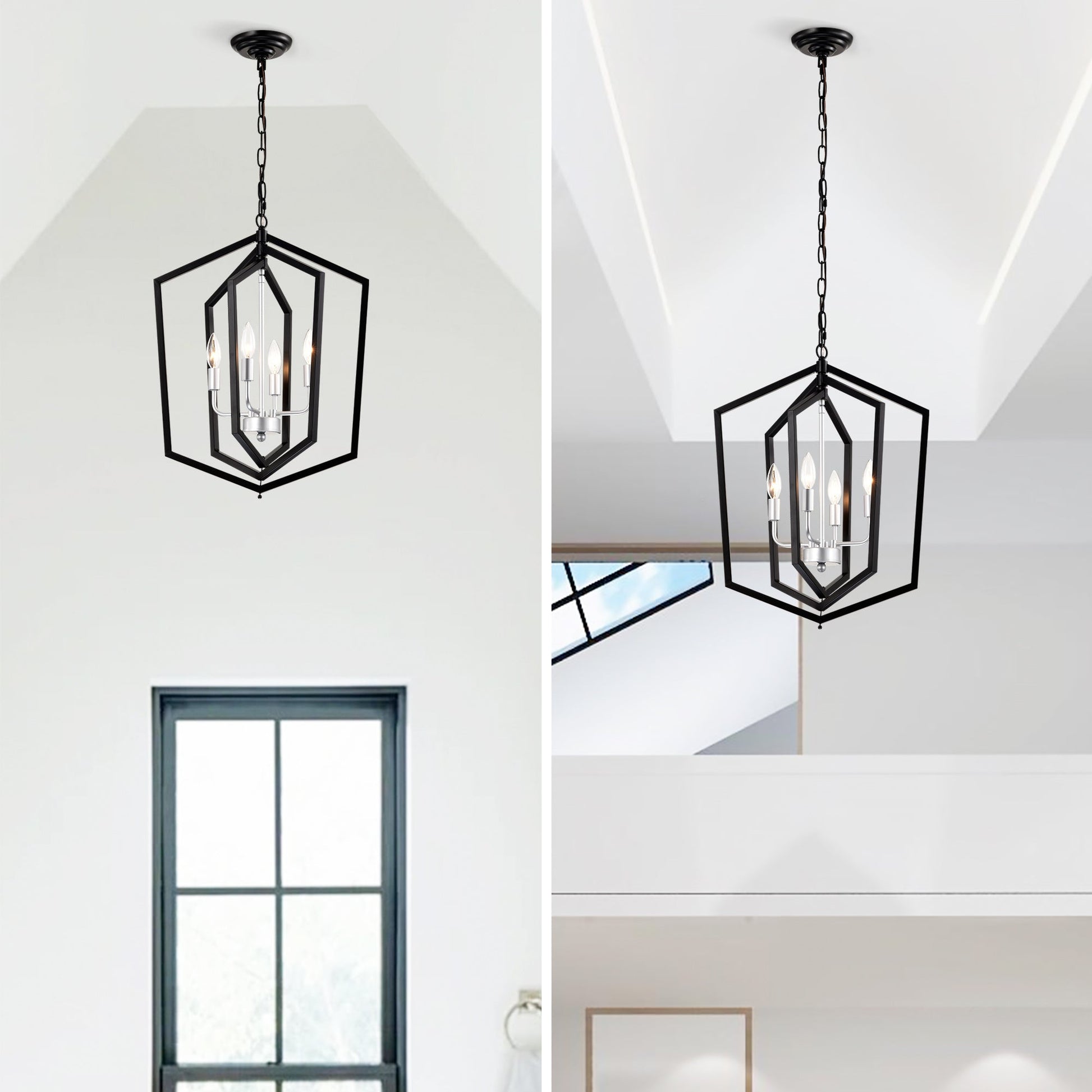 4-Light Farmhouse Kitchen Chandeliers, Matte Black And Sliver Vintage Rustic Cage Light Fixture Inkedjoy