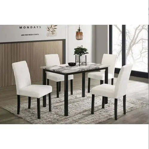 White Color Wool Fabric Chairs Faux Marble Top Table 5pc Dining Set Kitchen Dinette Cushions Upholstered 4x Chairs Dining Room My Store