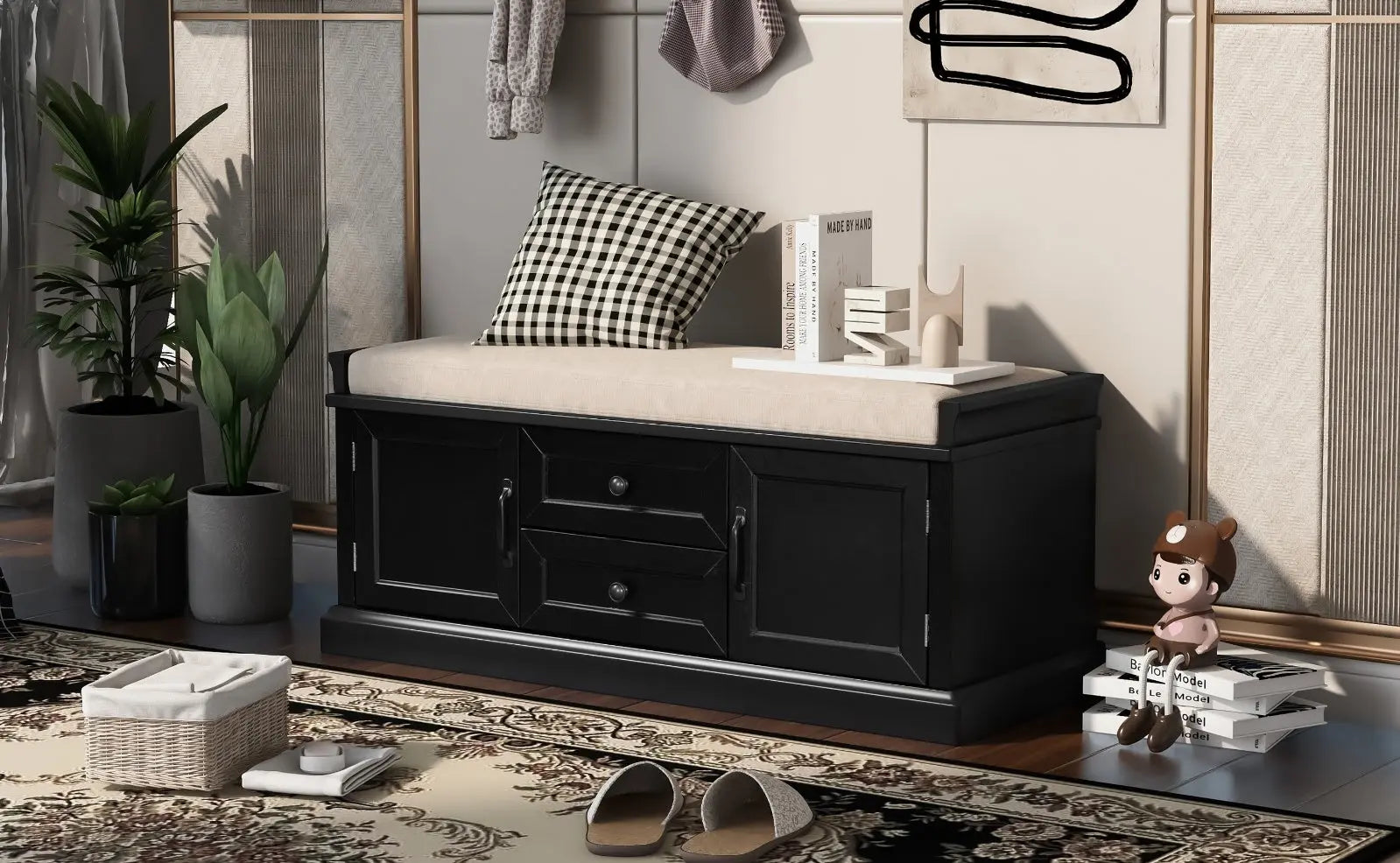 Storage Bench With Drawers, Cabinets & Removable Cushion For Living Room My Store