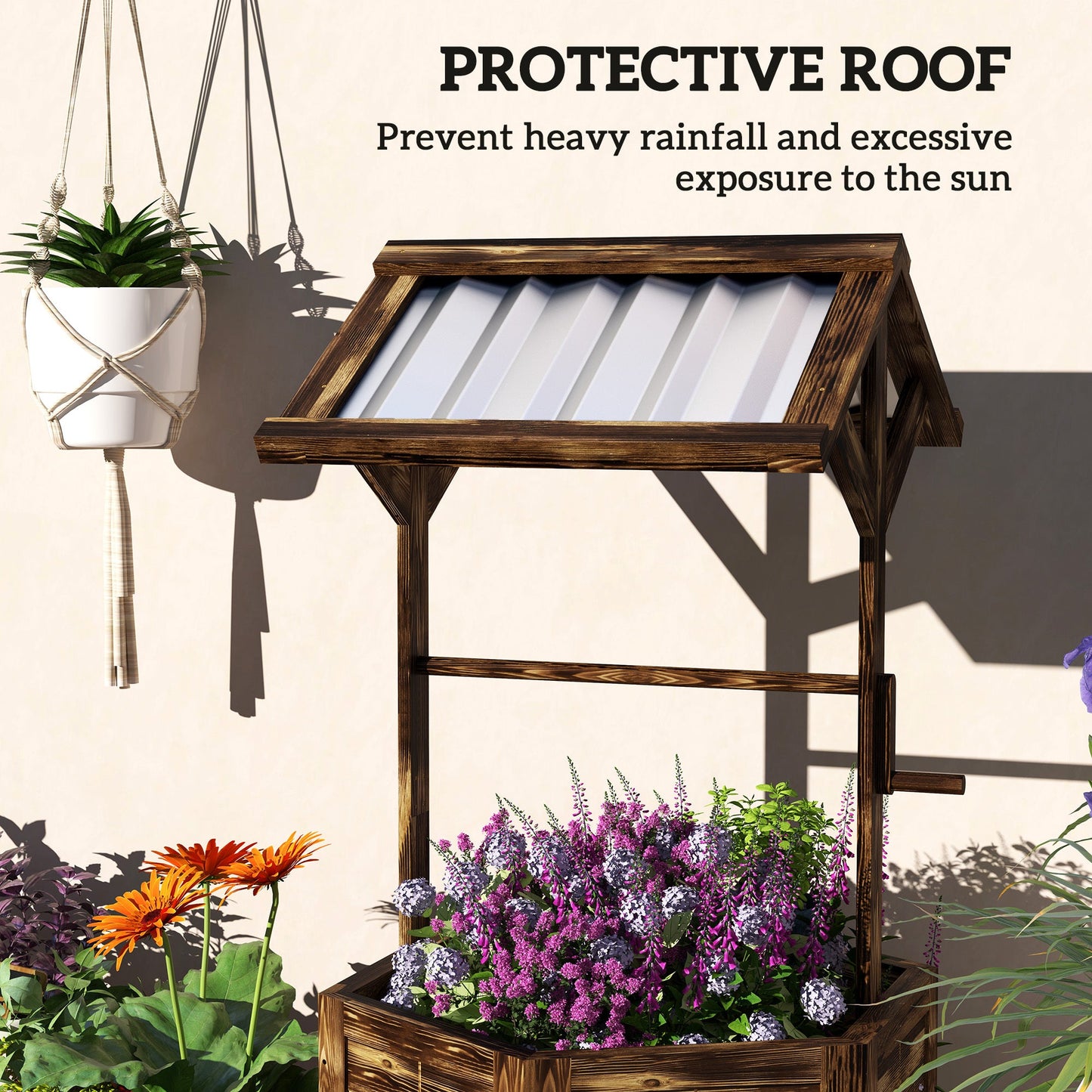 Wooden Wishing Well Planter, Raised Garden Bed With Galvanized Canopy-Tan Inkedjoy