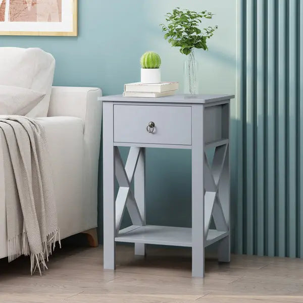 Gray P2 Grade, MDF Spray Paint, Side Cross Type, One Drawer Bedside Cabinet 2pcs My Store