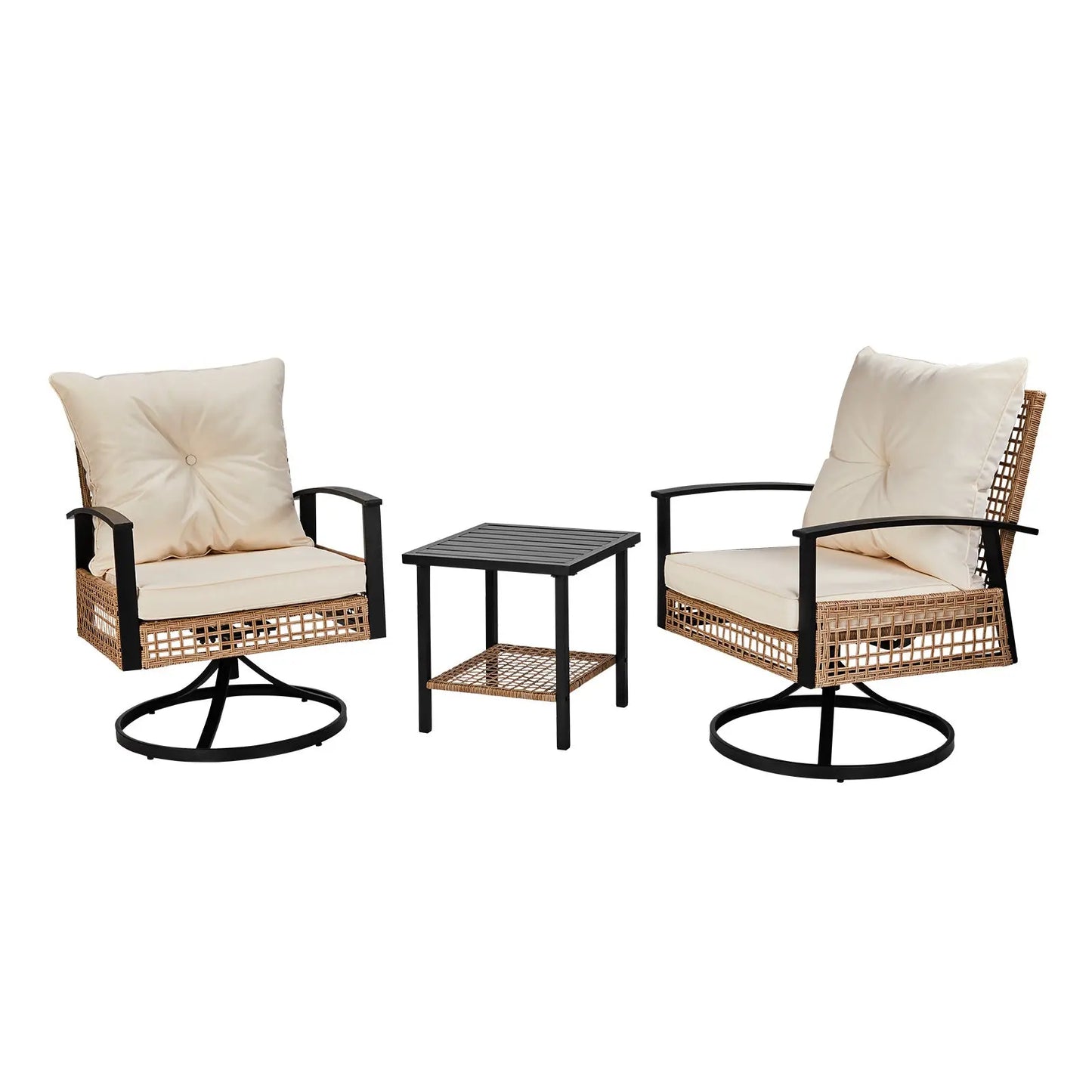 2pcs Swivel Chair And 1pc Side Table, Sparsely Braided Light Yellow Rattan, Off-white Mat, Braided Rattan Three-piece Set My Store