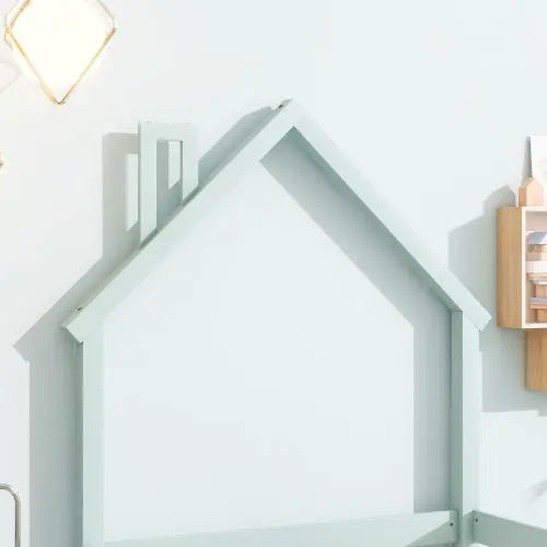 Twin Size Wood Bed With House-shaped Headboard Floor Bed With Fences,Light Green My Store