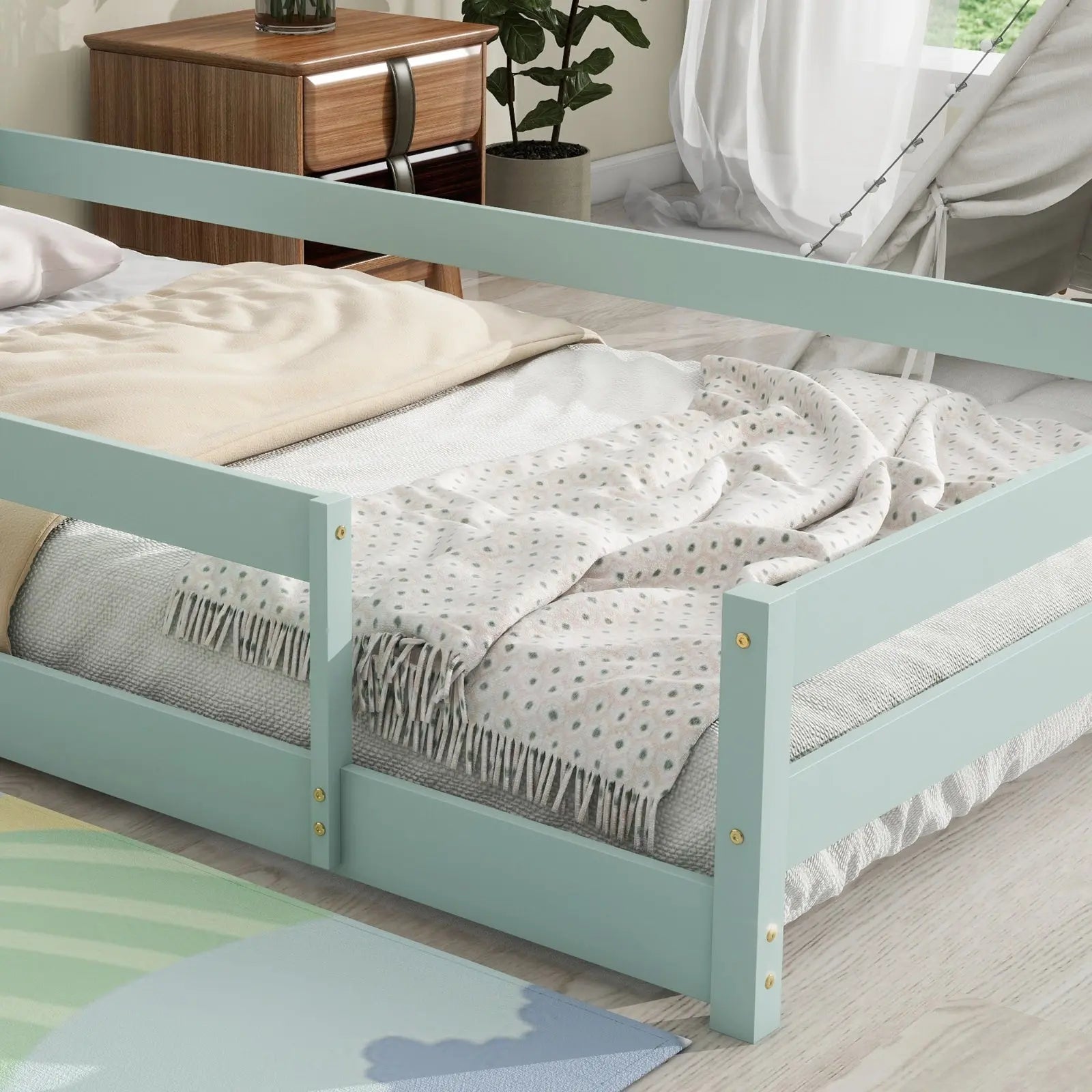 Twin Size Wood Bed With House-shaped Headboard Floor Bed With Fences,Light Green My Store
