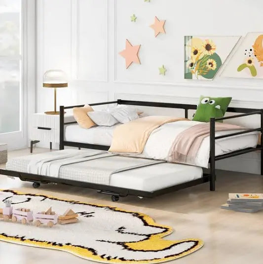 Double Metal Sofa Bed With Adjustable Wheels, Pop-up Wheels, Black My Store