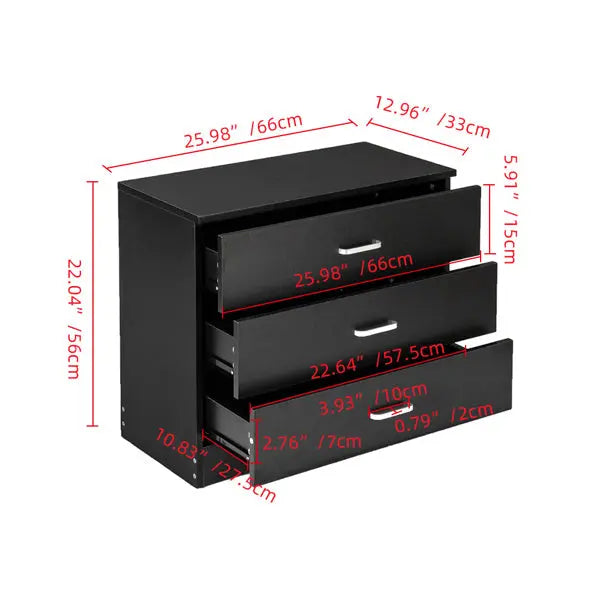 3 Drawers Bedside Table Black My Store