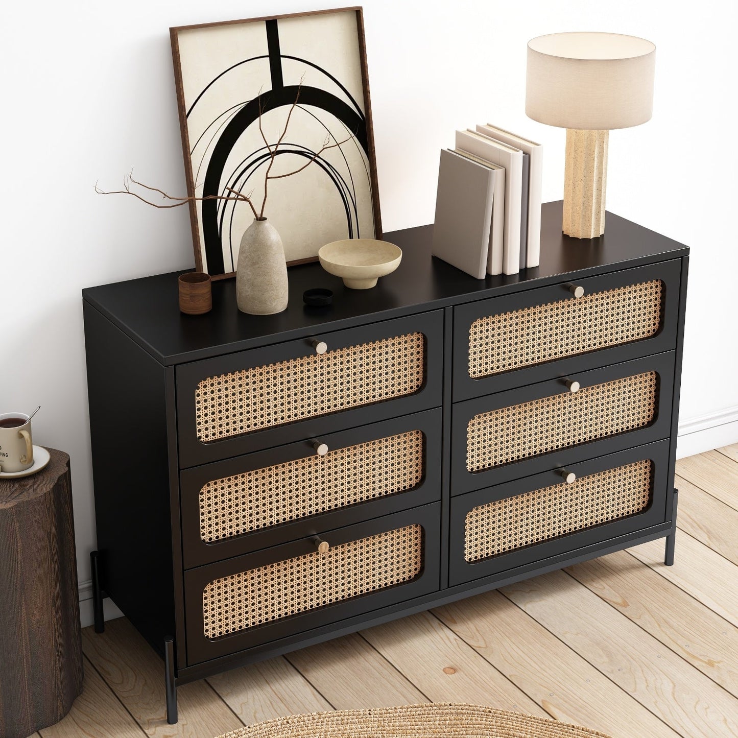 Modern Cannage Rattan Wood 6-Drawer Dresser Ohberri