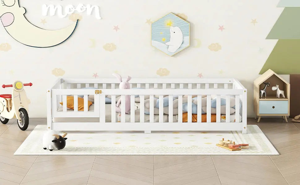 Twin Size Bed Floor Bed With Safety Guardrails And Door For Kids, White My Store