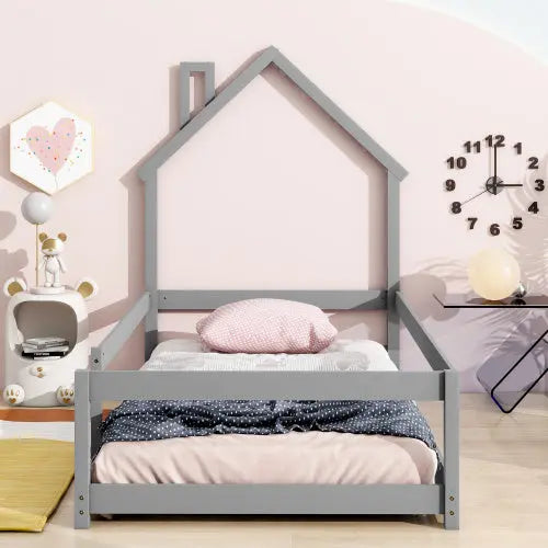 Twin Size Wood Bed With House-shaped Headboard Floor Bed With Fences,Grey My Store