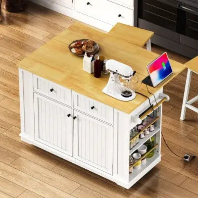Large Kitchen Island With 2 Bar Stools, Power Outlet, Door Internal Storage Rack My Store